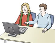 Grafik: Paar sitzt mit einem Laptop am Tisch