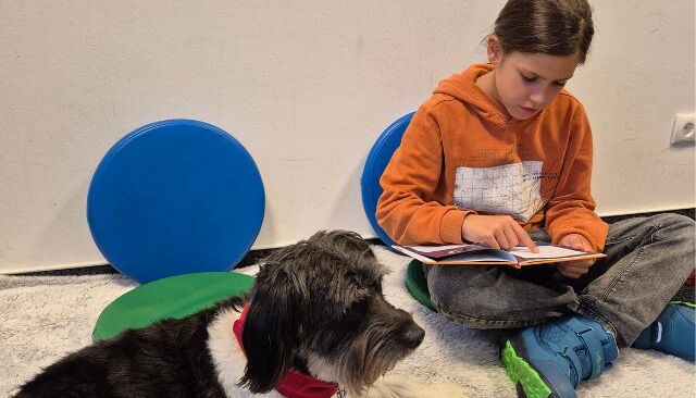 Kind liest Hund vor