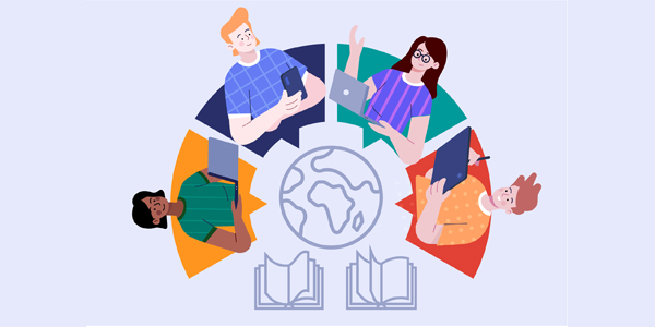 Kinder und Bücher durch das Internet mit der Welt vernetzt